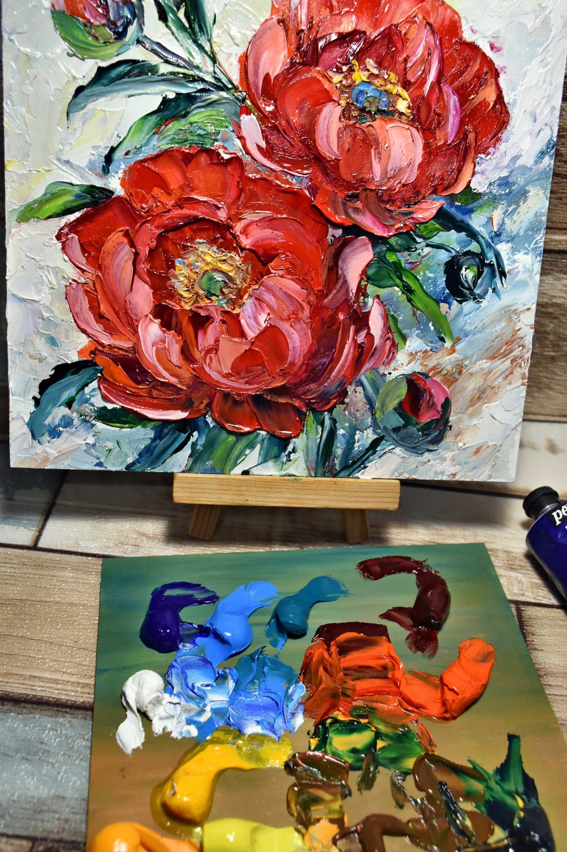 Red Peony Pair Lush Bloom Blush Background Oil Painting Floral Poster - Image 3