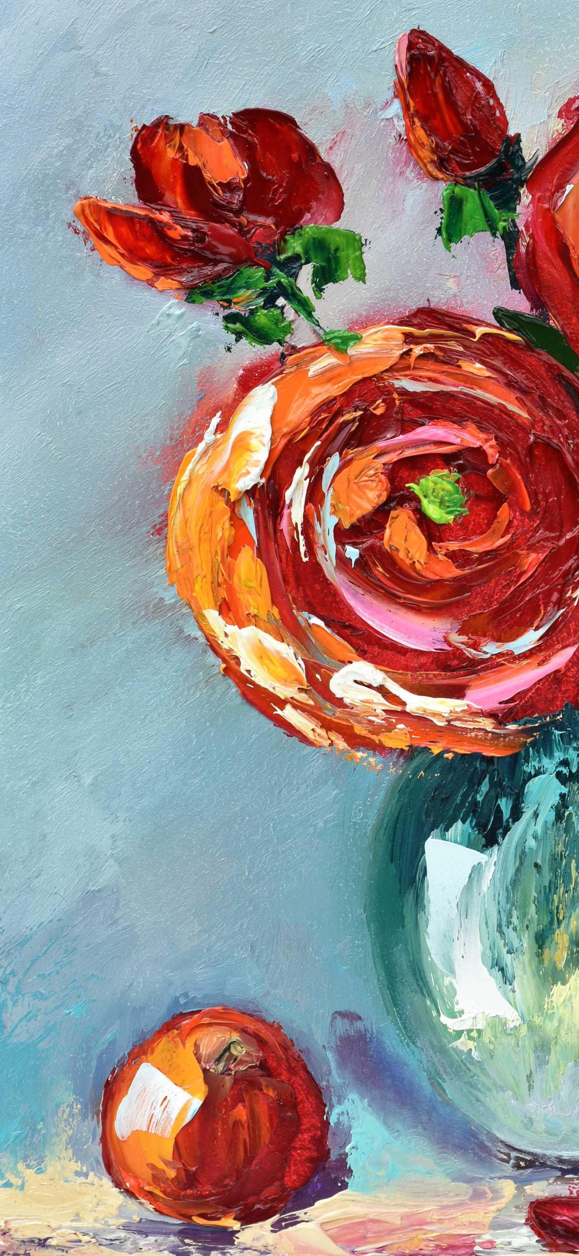 Scarlet Ranunculus Roses Teal Vase Apple Impasto Still Life Poster - Image 2
