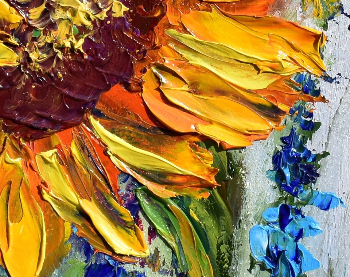 Sunflowers Painting Small Wall Art Meadow Wall Art Landscape Painting Orange Flower Wildflowers Painting Sunflower Flower Art Sunflower Art - Image 2