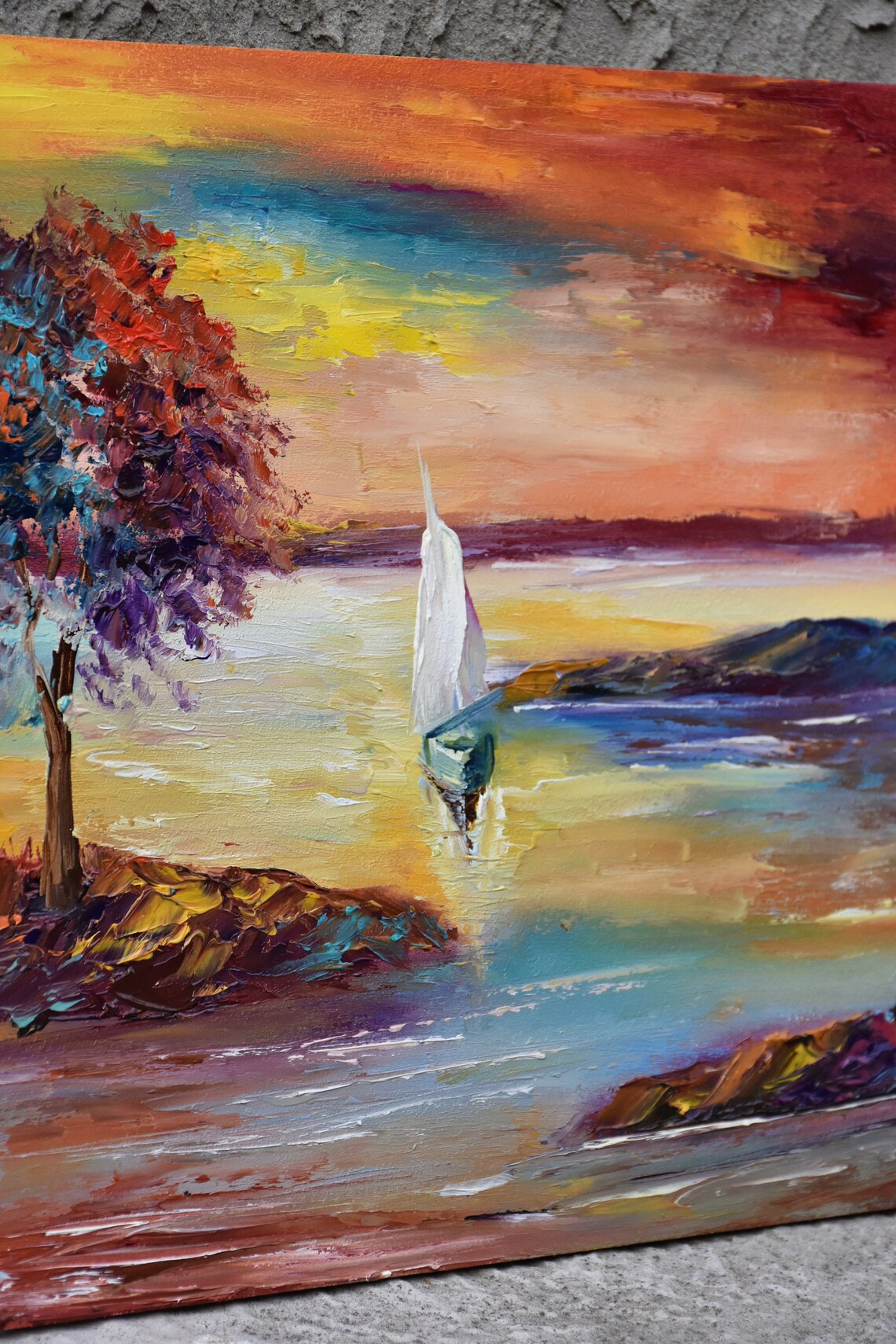 Sailboat At Sea Sunset Over Orange Waves Seascape Oil Art Poster - Image 3