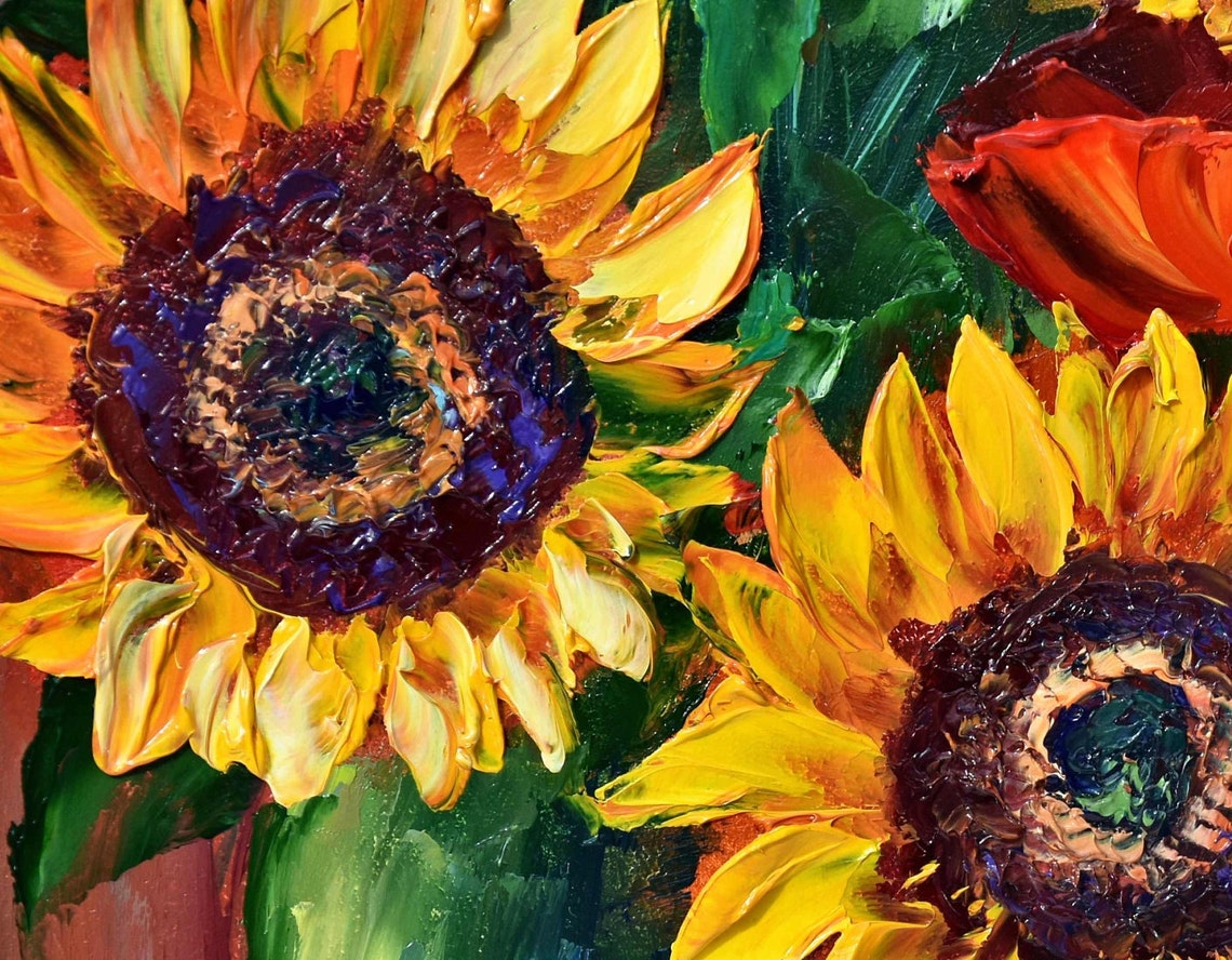 Sunflowers and Red Poppies in Green Vase with Teacup Still Life Print - Image 5