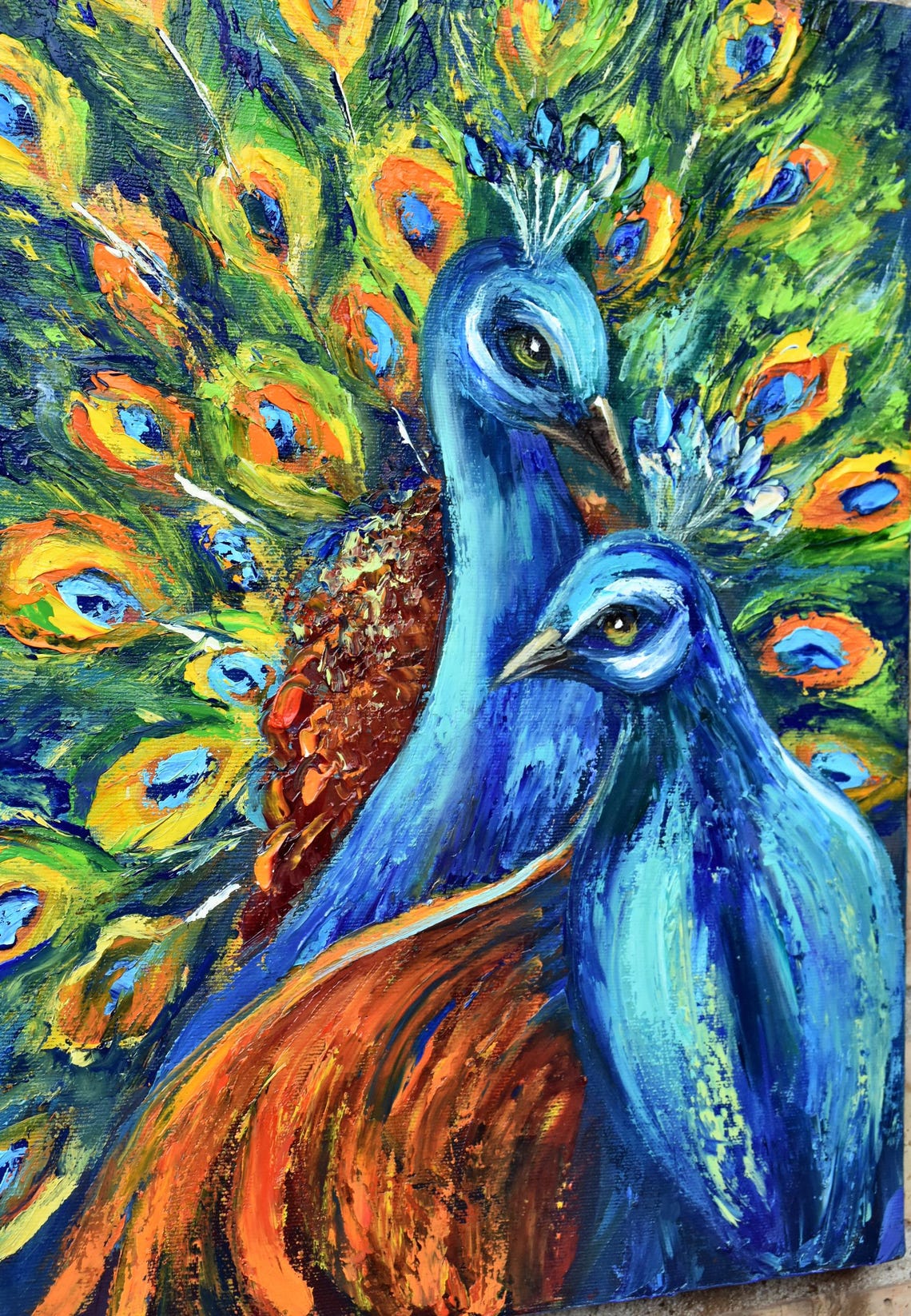 Vibrant Peacock Pair Feather Display Impasto Oil Painting Bird Poster - Image 3