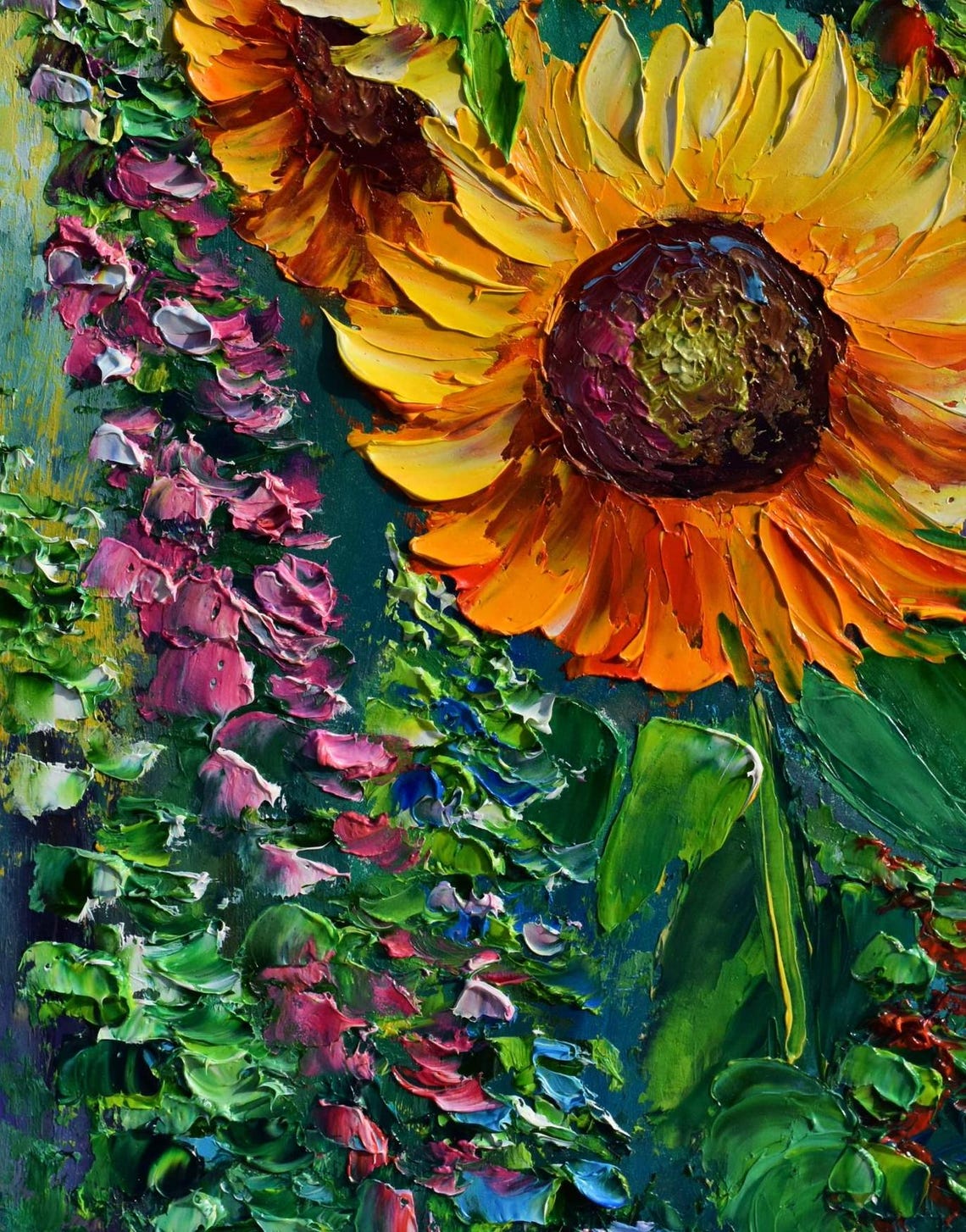 Sunflower Painting Landscape Painting Sunflower Art Purple Wildflowers Art Meadow Flowers Art Yellow Flower Art Palette Knife Art Flower Oil - Image 3