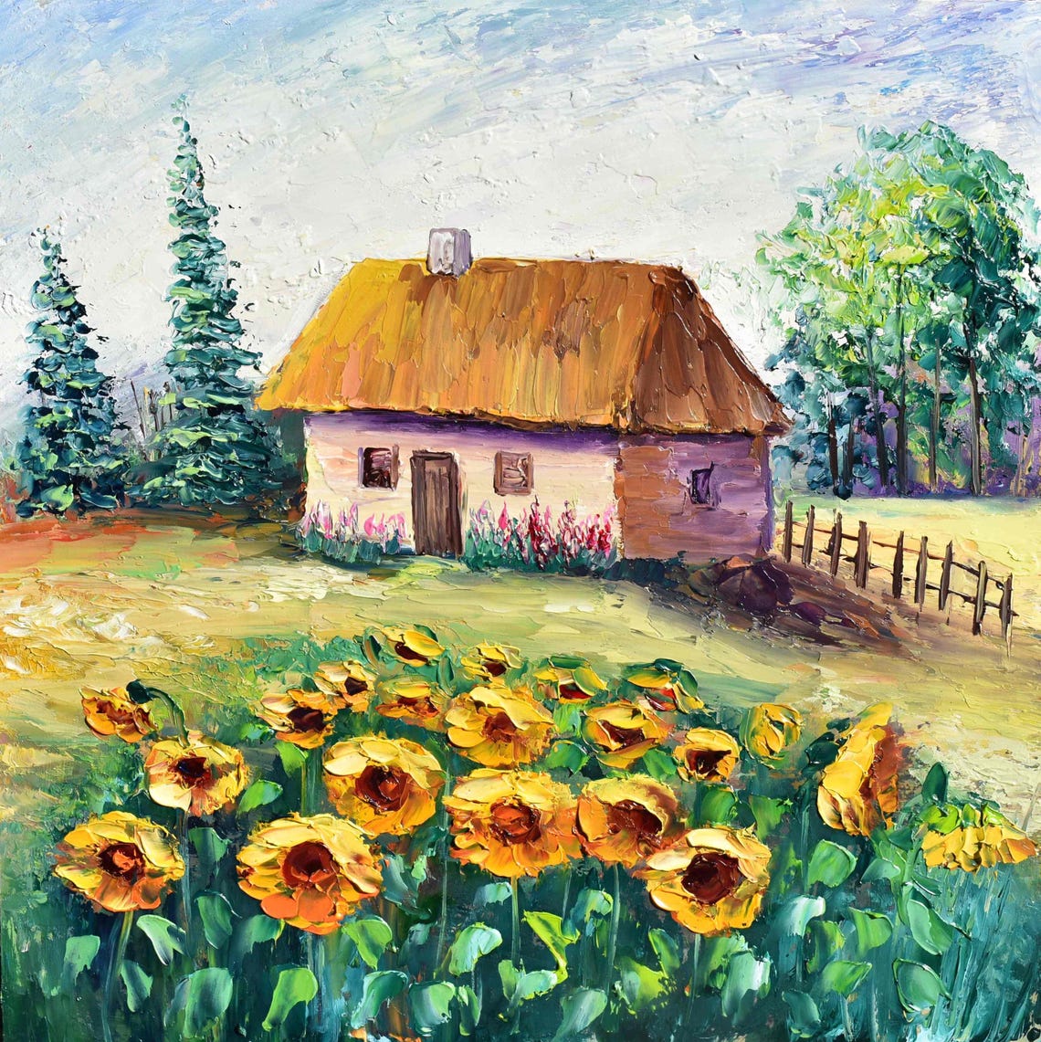 Ukrainian Art Summer Landscape Art Impasto Painting Sunflowers Art 3d Oil Painting Textured Painting Landscape Wall Art Summer Flower Art