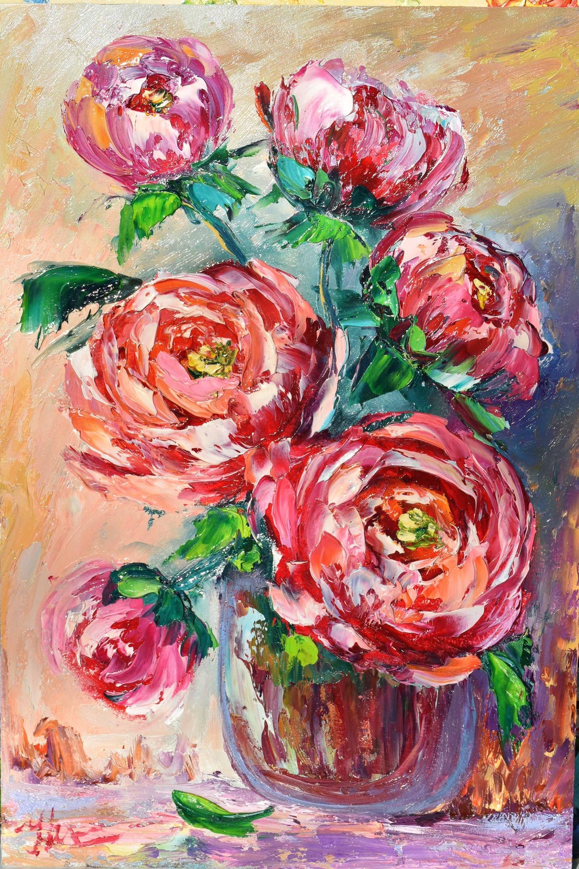 Red And Pink Peonies In Vase Impasto Floral Oil Painting Poster