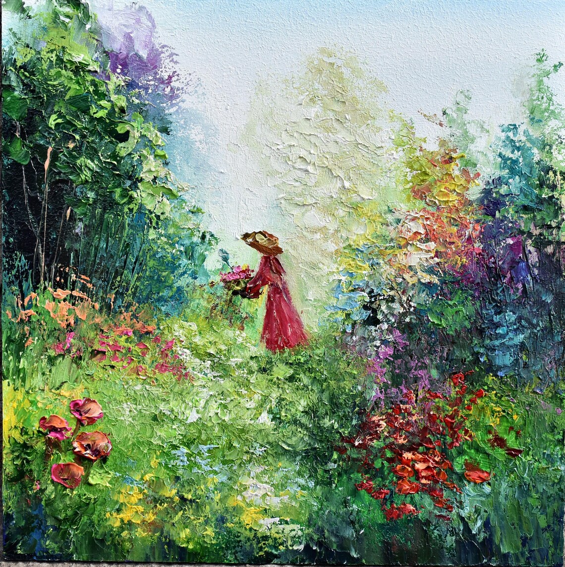 Girl Yellow Dress Forest Path Flower Basket Sunbeam Painting Poster