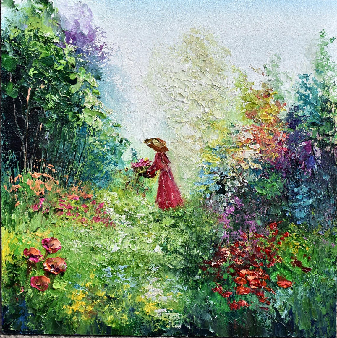 Landscape Girl Painting In Oil Painting Landscape Nature Colorful Oil Art Miniature Painting Oil Art Romantic Wall Art Flower Girl Basket