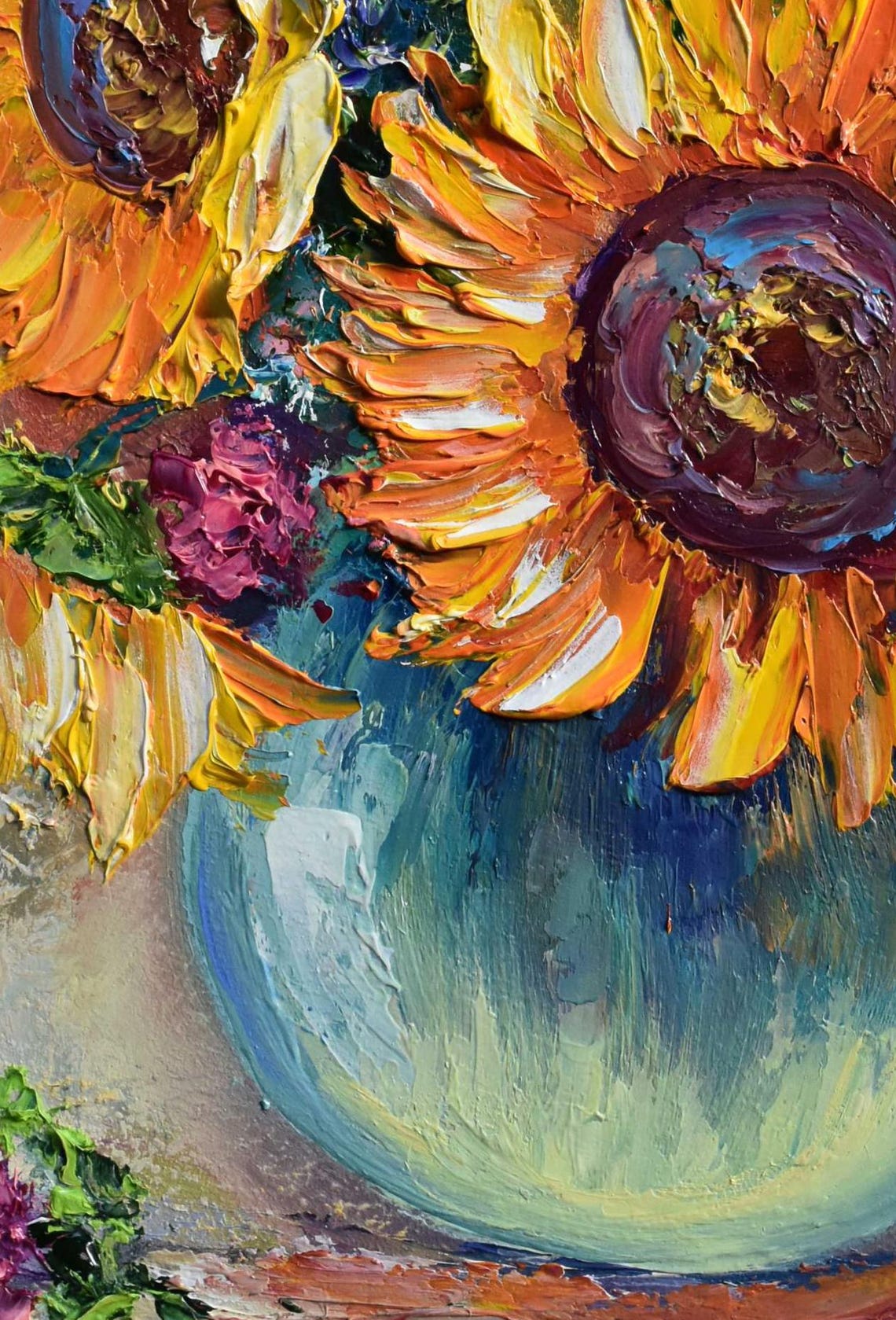 Orange Flower Art Sunflowers Painting Wildflowers Painting Sunflowers Art Still Life Wall Vase Art Impasto Oil Painting Palette Knife Art - Image 3