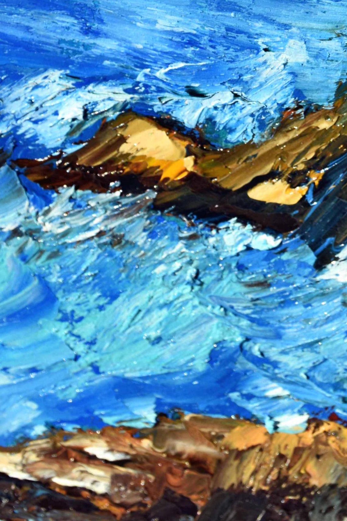 Lighthouse Rocky Cliff Swirling Sunset Sea Waves Painting Poster - Image 3