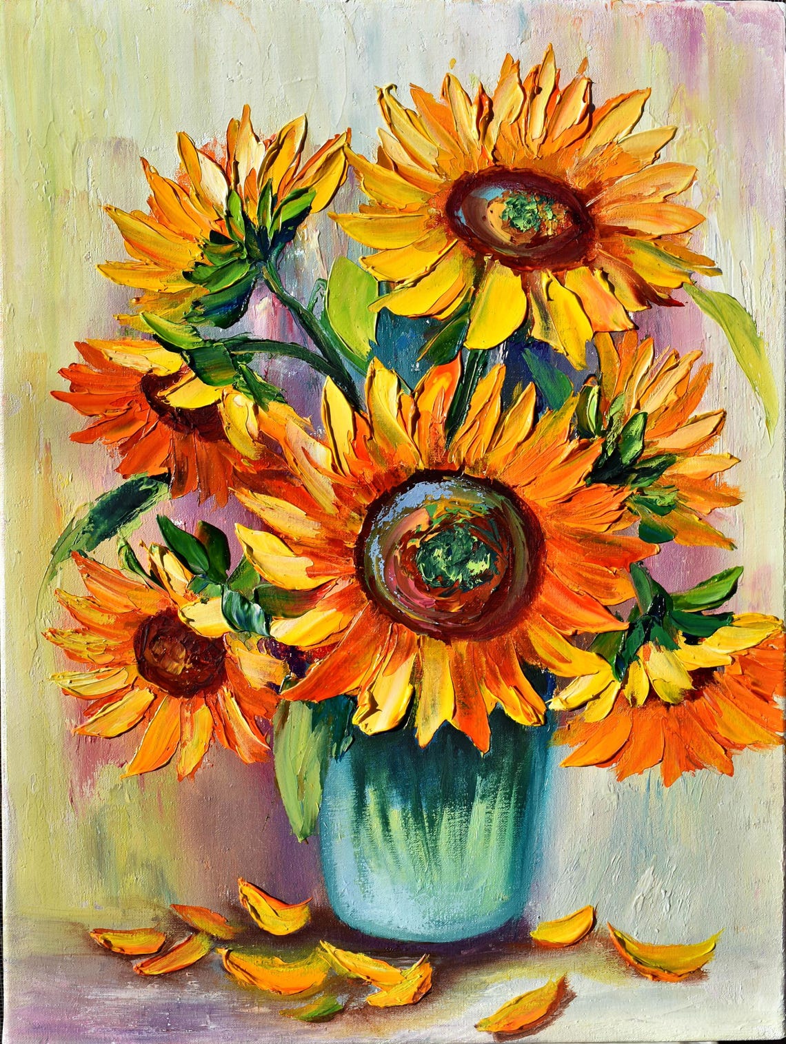 Sunflowers Oil Art Impasto Oil Painting Sunflower Still Life Sunflower Wall Art Sunflowers Painting Floral Art Original Orange Flower Art 3d
