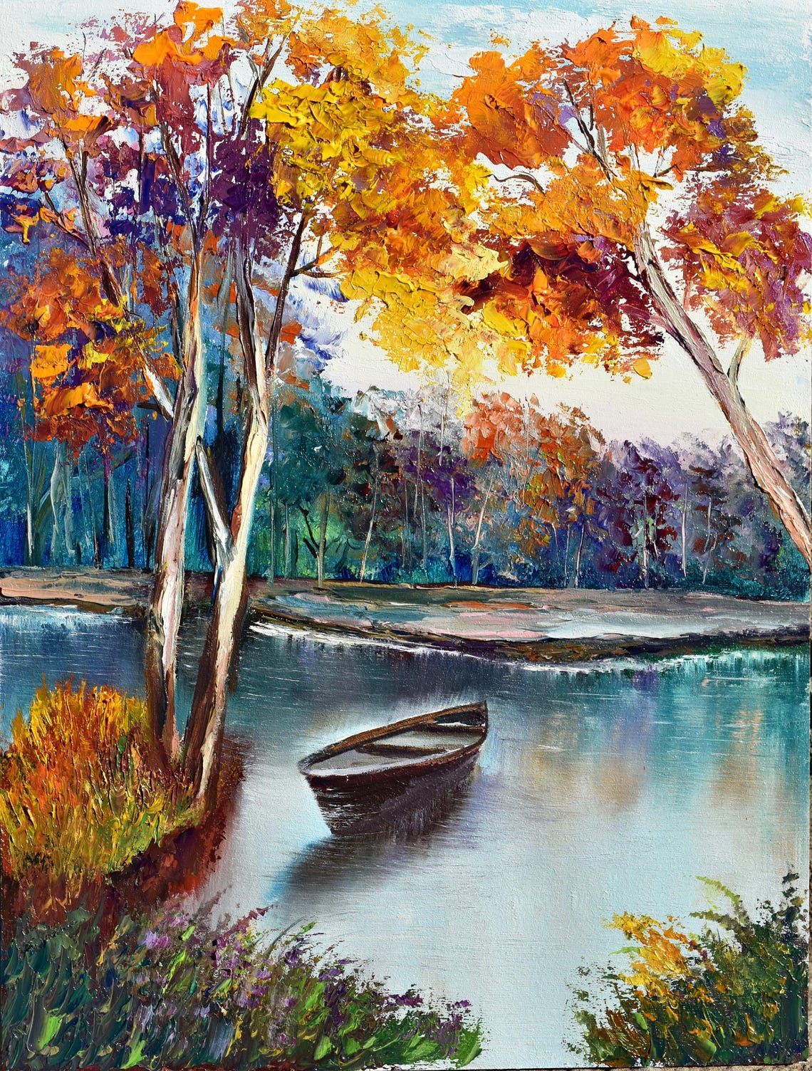 Autumn River With Boat And Red Fall Trees Landscape Art Poster