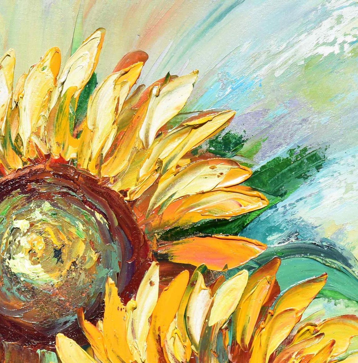Three Golden Sunflower Heads Close-Up Thick Impasto Oil Painting Print - Image 3