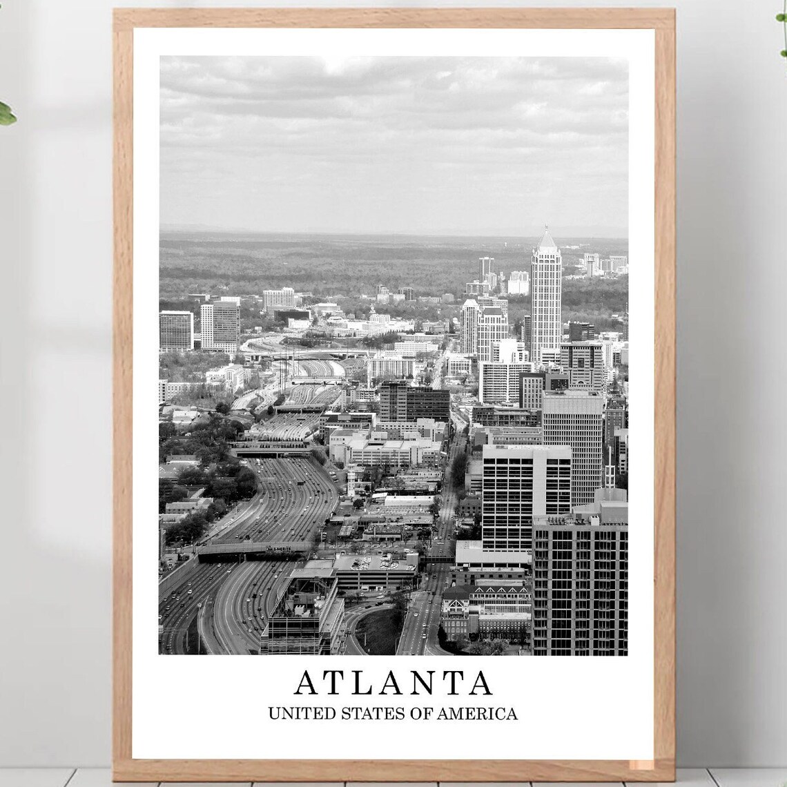 Atlanta Downtown Skyline Highway Aerial Black White USA Travel Poster