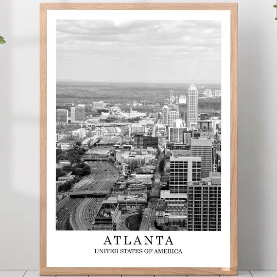 Atlanta Downtown Skyline Highway Aerial Black White USA Travel Poster