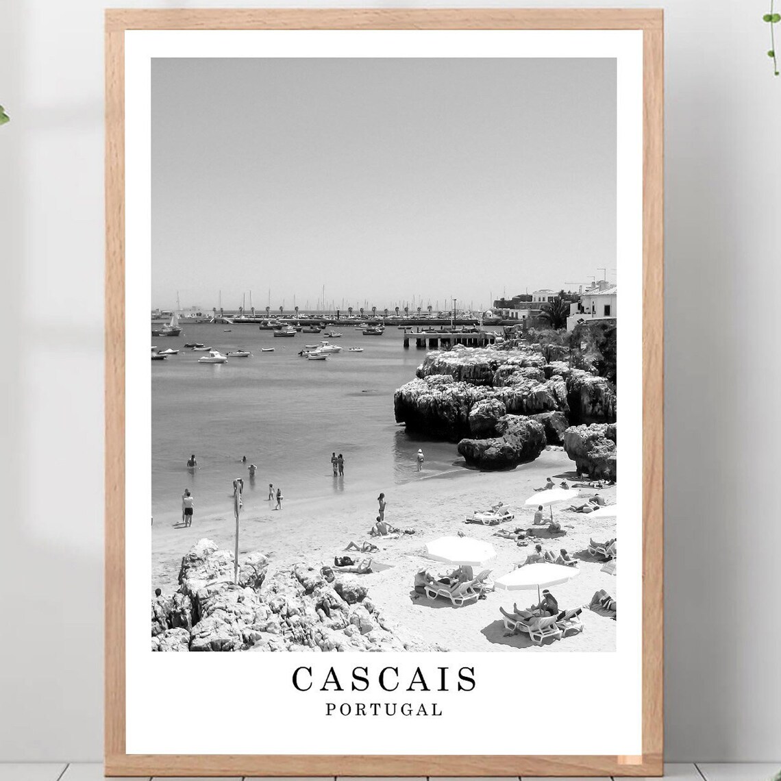 Cascais Portugal Sandy Beach And Harbor Boats Seaside Travel Poster