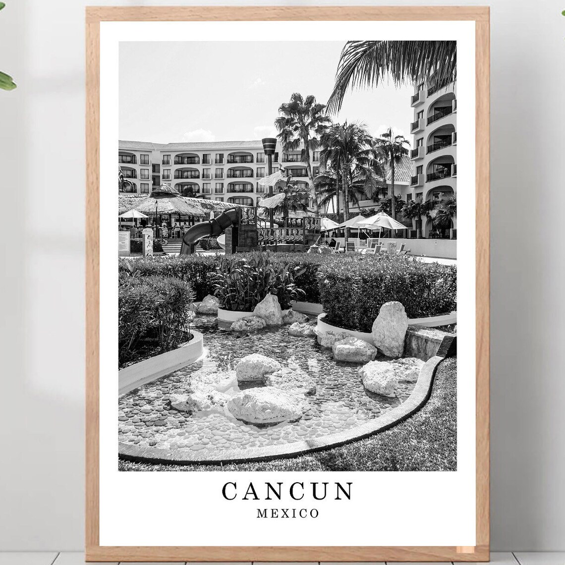 Cancun Resort Courtyard Palm Pool Mexico Black White Travel Poster