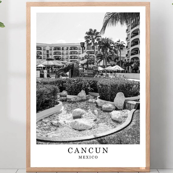 Cancun Resort Courtyard Palm Pool Mexico Black White Travel Poster