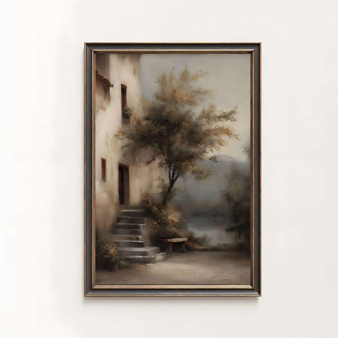Old European Cottage Stone Steps Misty Lake Vintage Oil Painting Poster