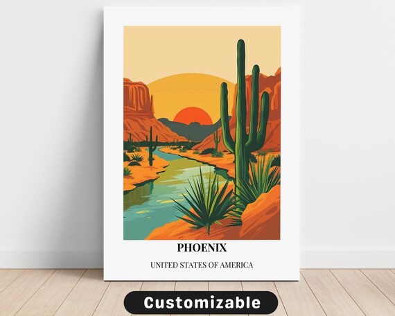 Phoenix Arizona Desert Sunset Saguaro Cactus Vintage Travel Poster
