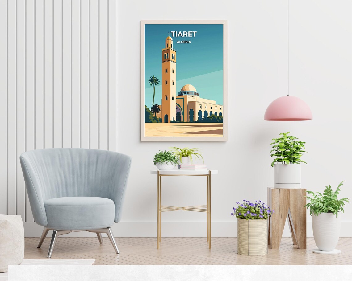 Tiaret Algeria Great Mosque Minaret Teal Sky Vintage Travel Poster - Image 2