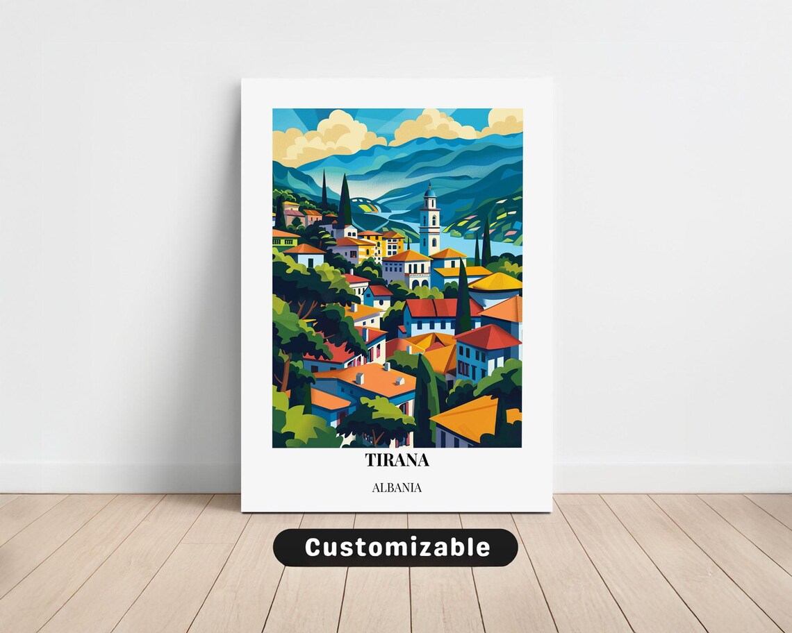 Tirana Albania Hillside Old Town Vintage Style Travel Poster