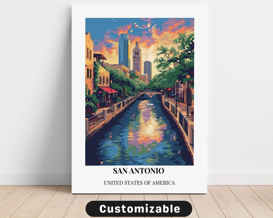 San Antonio River Walk Colorful Canal Retro Travel Artwork Poster