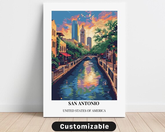 San Antonio River Walk Colorful Canal Retro Travel Artwork Poster