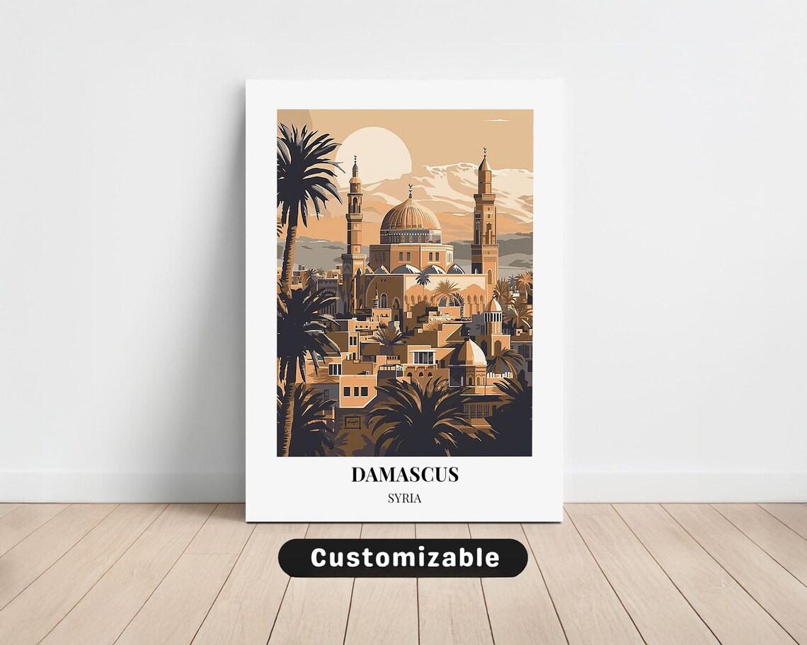 Damascus Syria Mosque Skyline Moonlit Palms Vintage Travel Poster