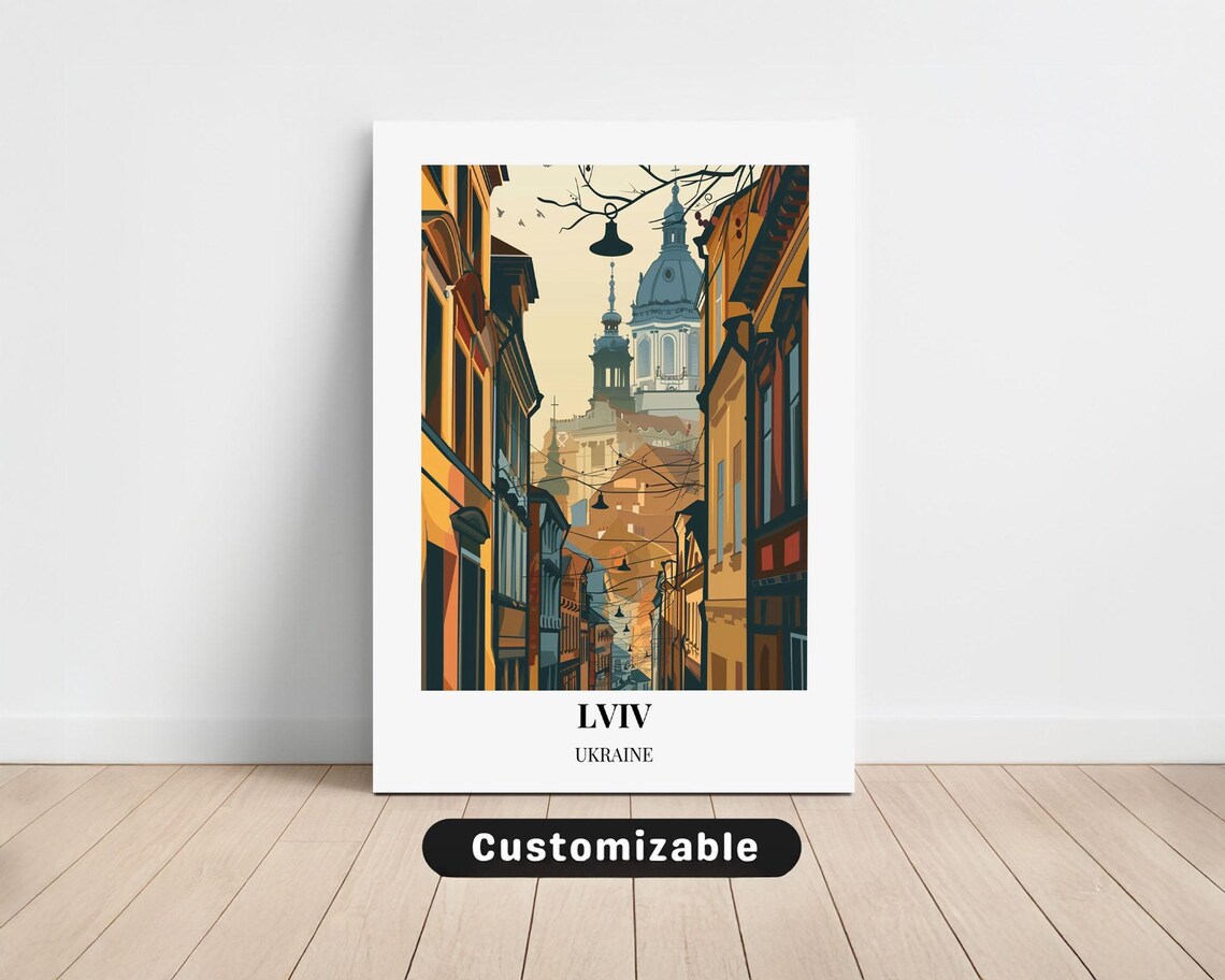 Lviv Ukraine Old Street With Dome Church Vintage Travel Poster Art