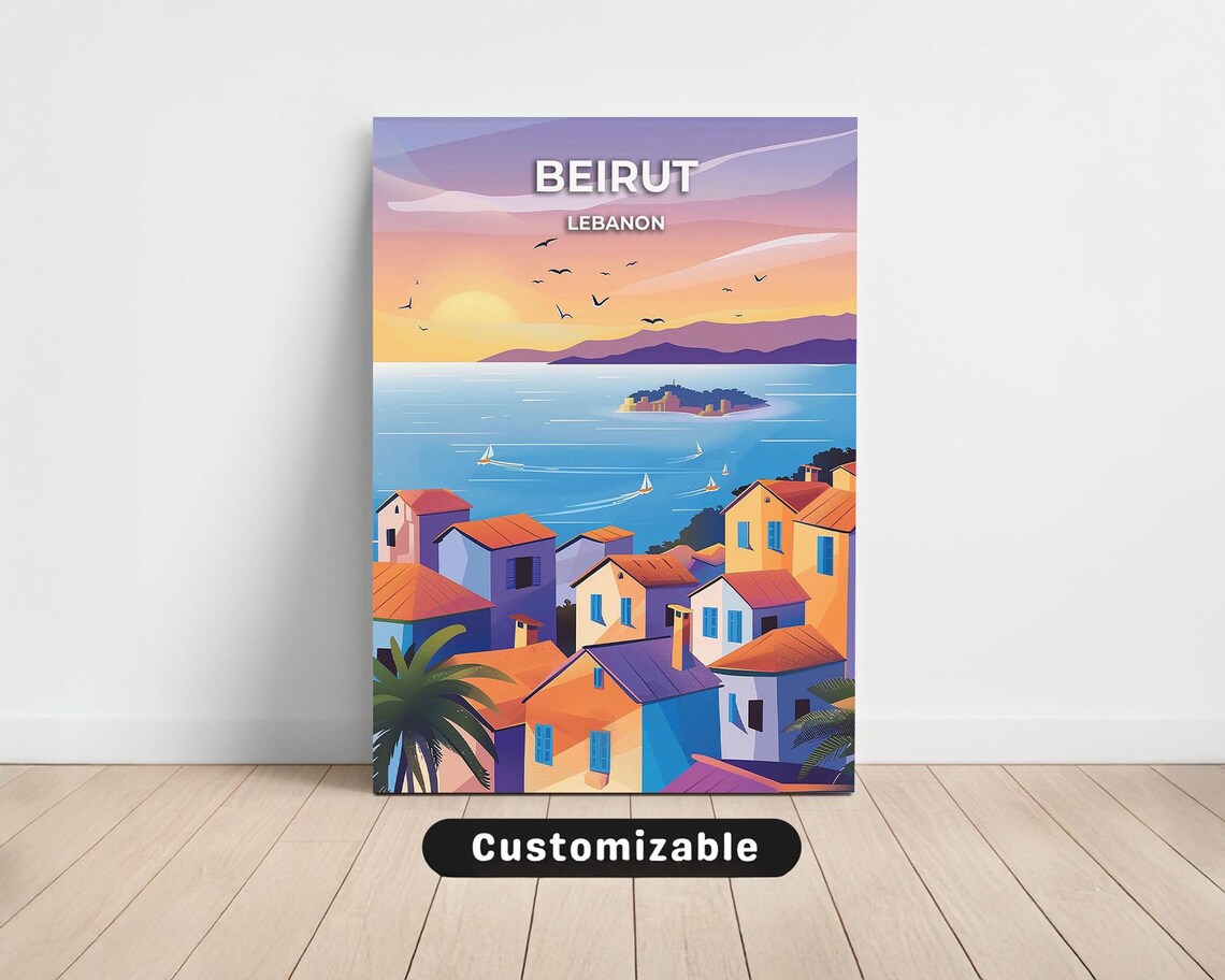 Beirut Lebanon Mediterranean Coast Sunset Customizable Travel Poster