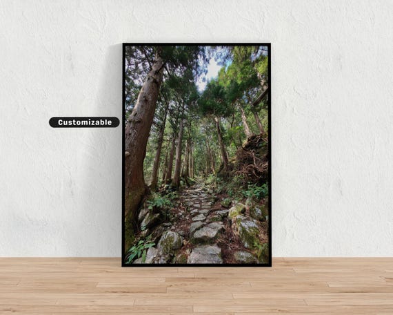 Hiking Trail Through Cedar Forest Toward Mountaintop Shrine Japanese Wall Art Print Zen Asian Decor