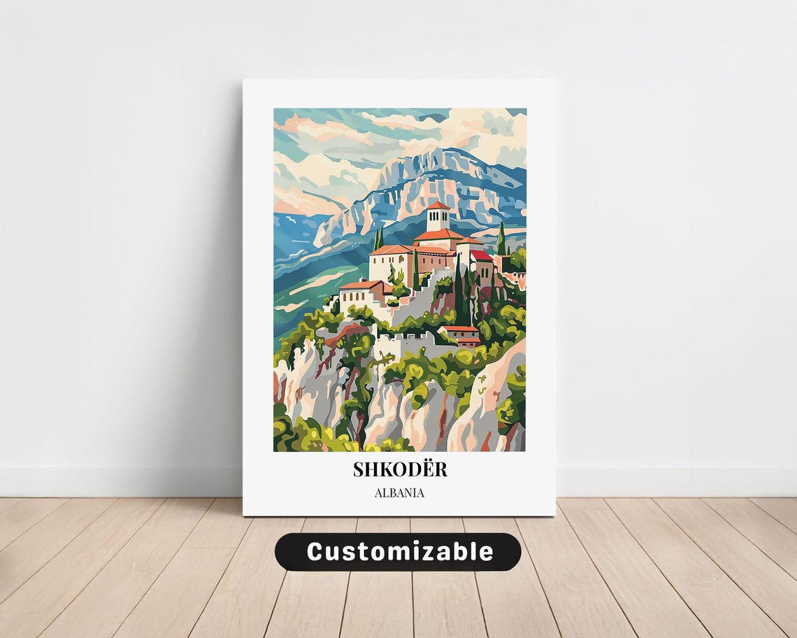 Shkodër Albania Vintage Travel Poster Hilltop Castle Mountain Art