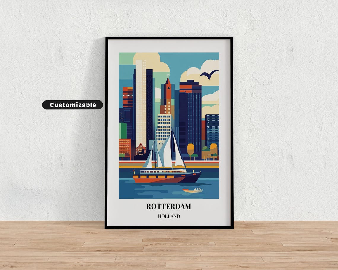 Rotterdam Holland Modern Skyline Sailboat Harbor City Travel Poster
