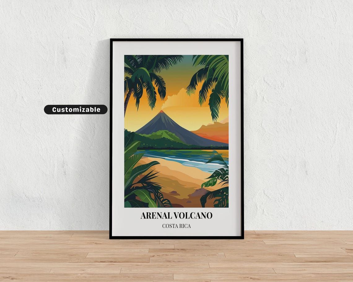 Arenal Volcano Costa Rica Lake Sunset Palm Trees Travel Poster