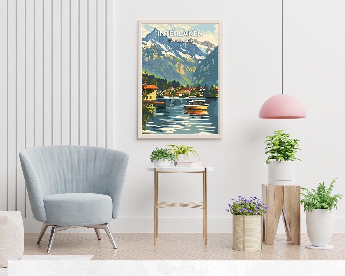 Interlaken Switzerland Alpine Lake Boats Peaks Travel Poster - Image 2