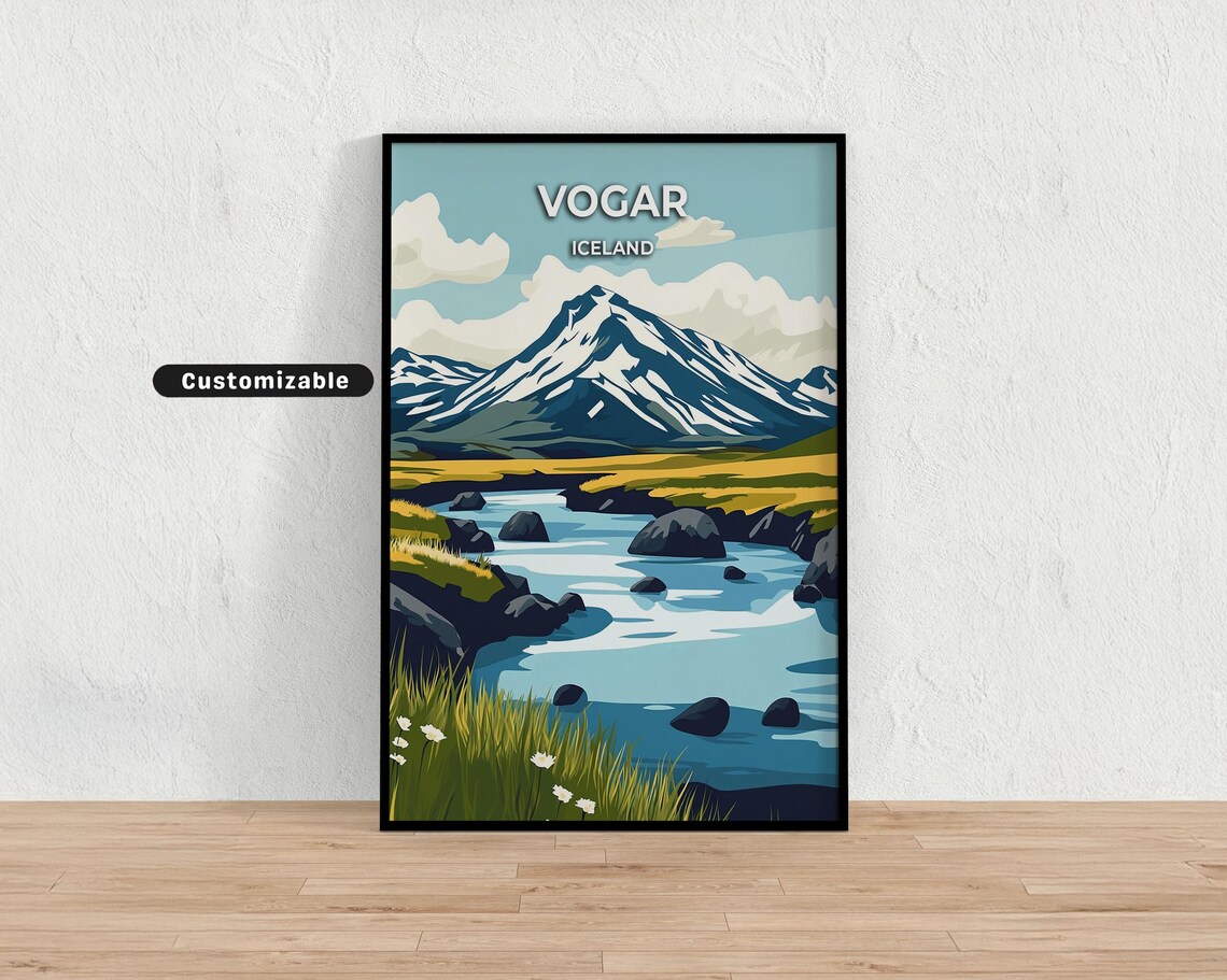 Vogar Iceland Mountain River and Wildflowers Custom Travel Poster