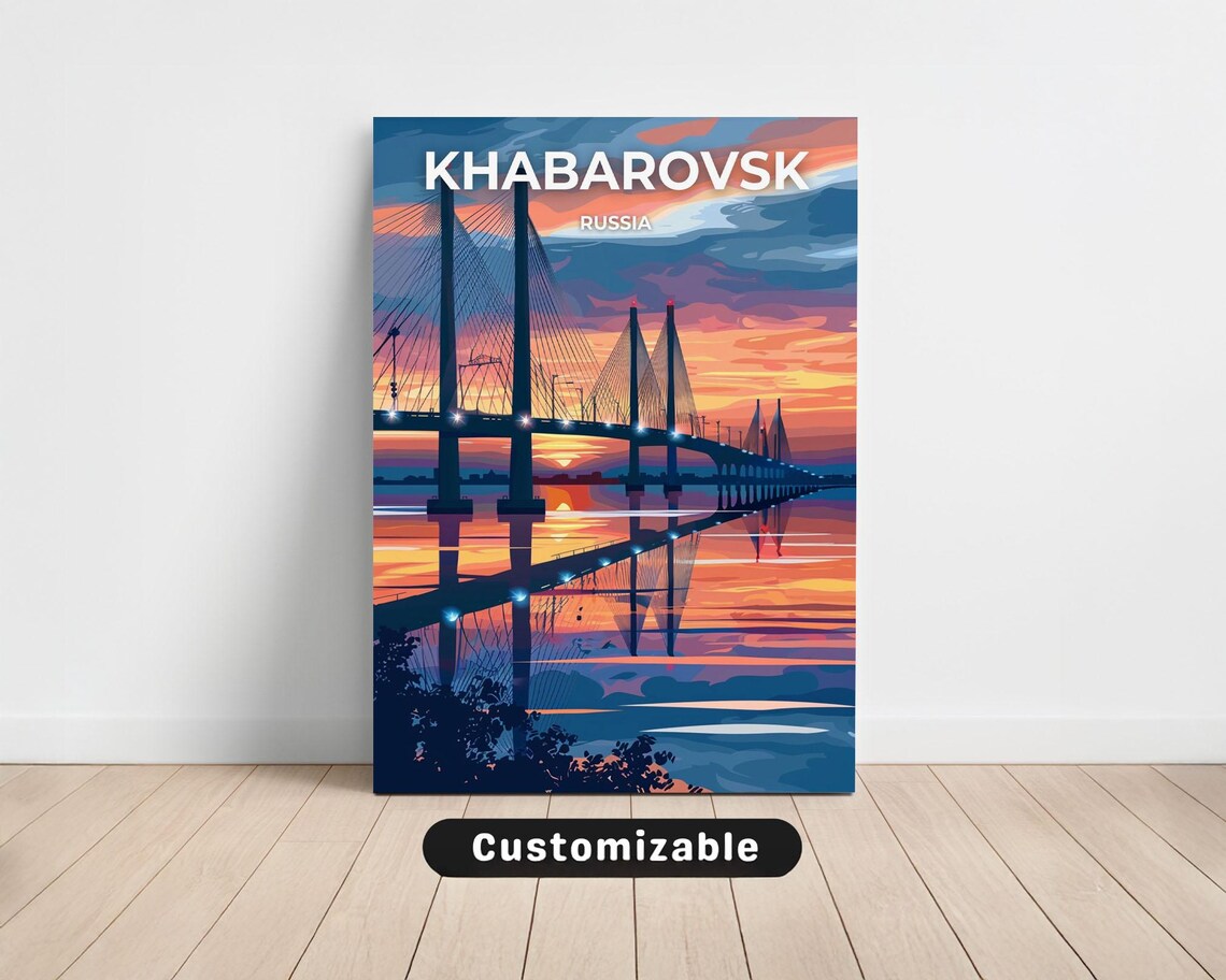 Khabarovsk Russia Sunset Bridge Over River Modern Travel Poster