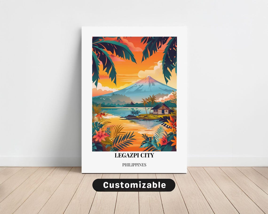Legazpi City Philippines Mayon Volcano Lakeside Hut Travel Poster