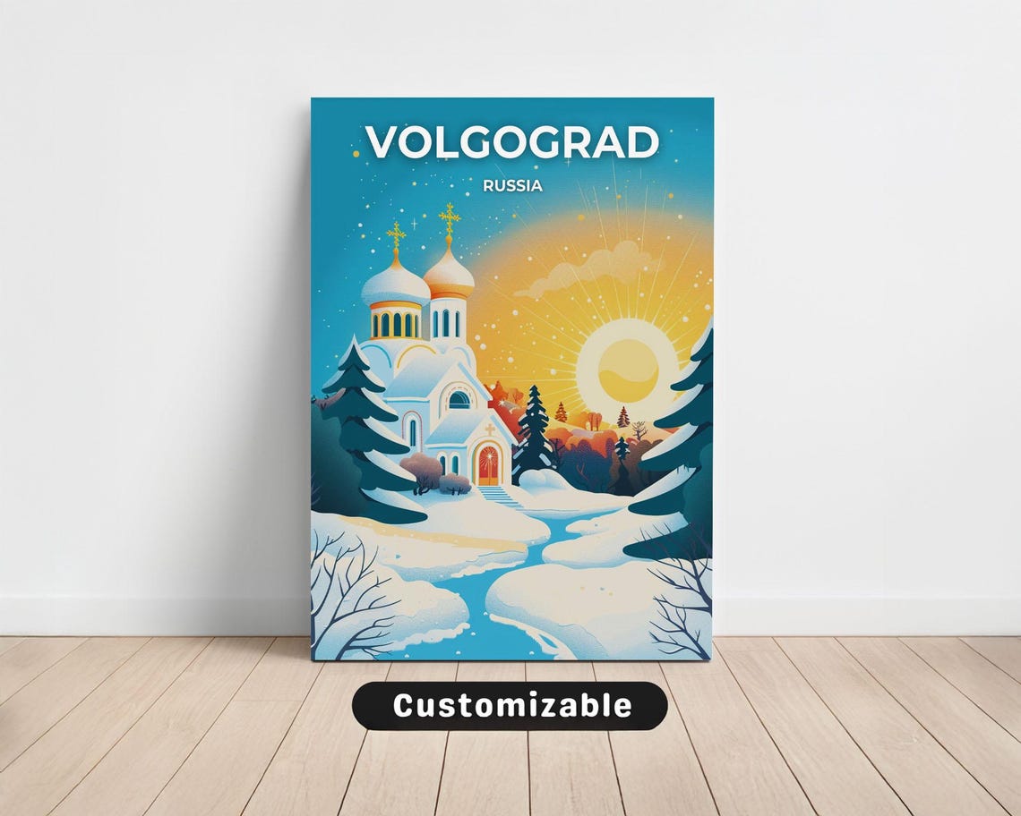 Volgograd Russia Golden Dome Cathedral Winter Sunset Travel Poster