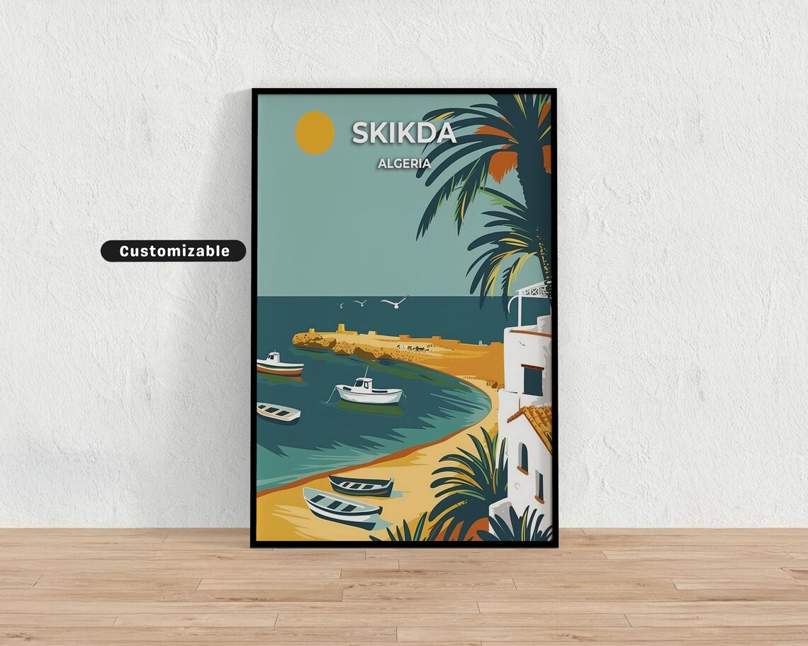 Skikda Algeria Retro Coastal Harbor Fishing Boats Travel Poster