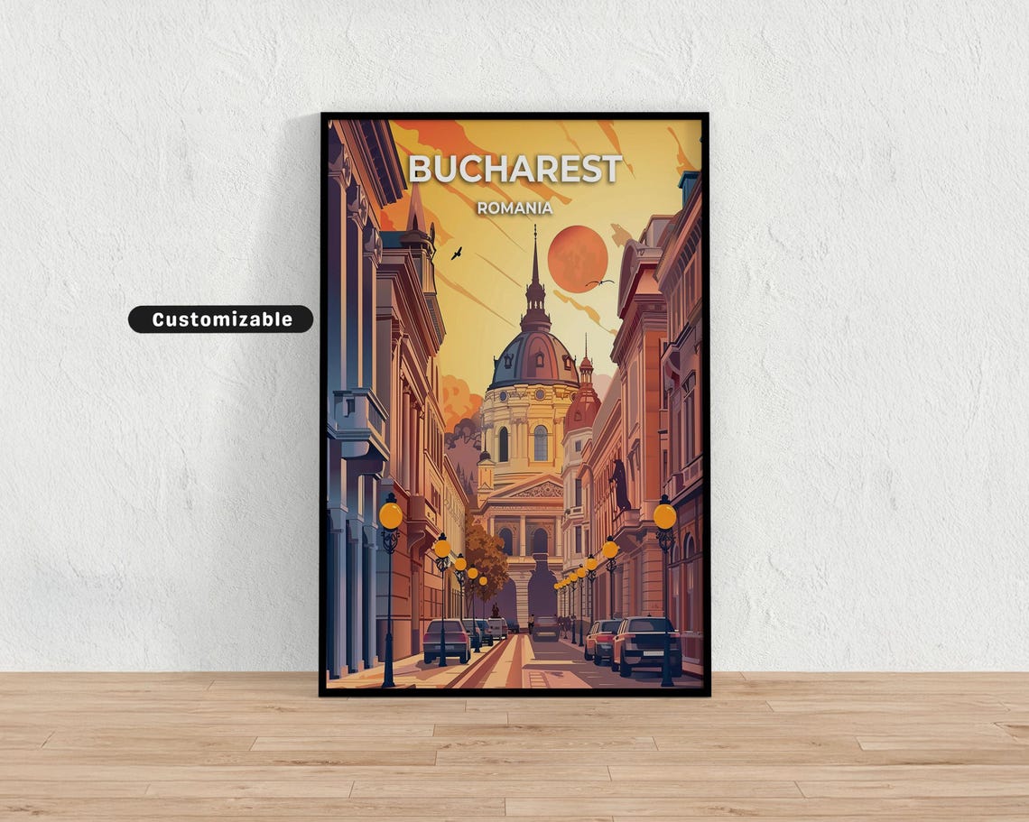 Bucharest Romania Old Town Sunset Street Scene Custom Travel Poster