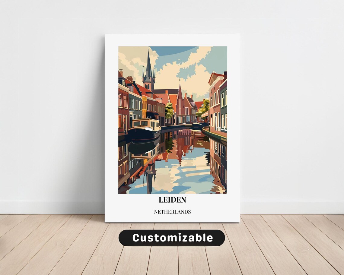 Leiden Netherlands Canal Cityscape Boat Reflections Travel Poster