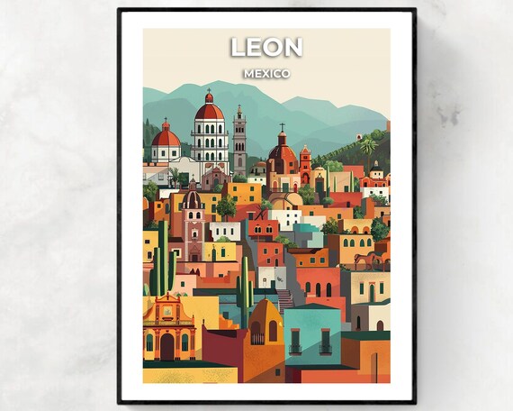 Leon Guanajuato Hillside Churches and Mountains Travel Poster
