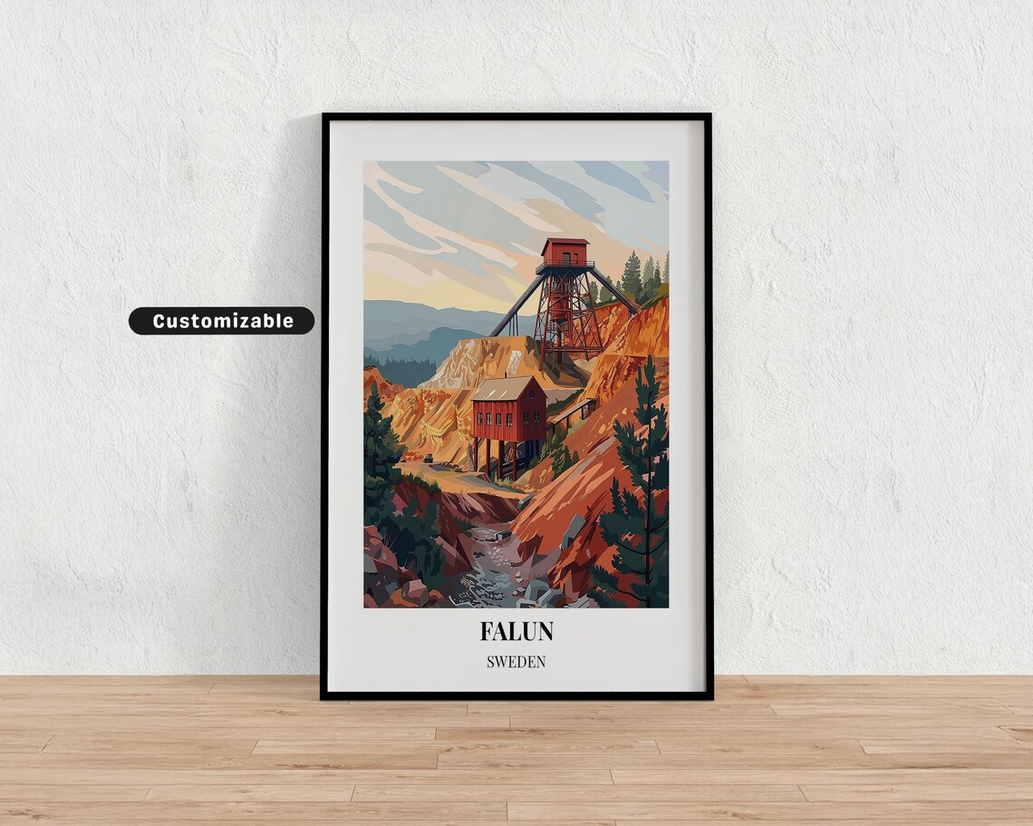 Falun Sweden Historic Copper Mine Headframe Red Rocks Travel Poster