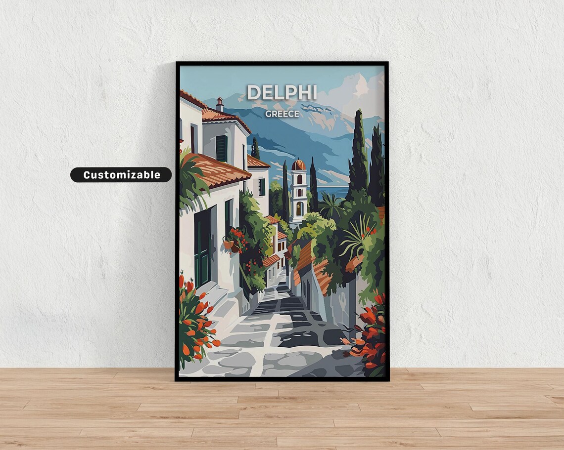 Delphi Greece Whitewashed Village Street Mountain Travel Poster