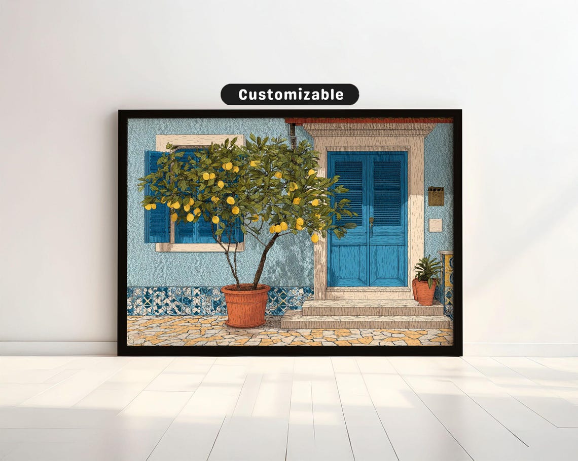 Potted Lemon Tree On Tiled Terrace With Blue Door Bold Wall Art Mediterranean Botanical Decor