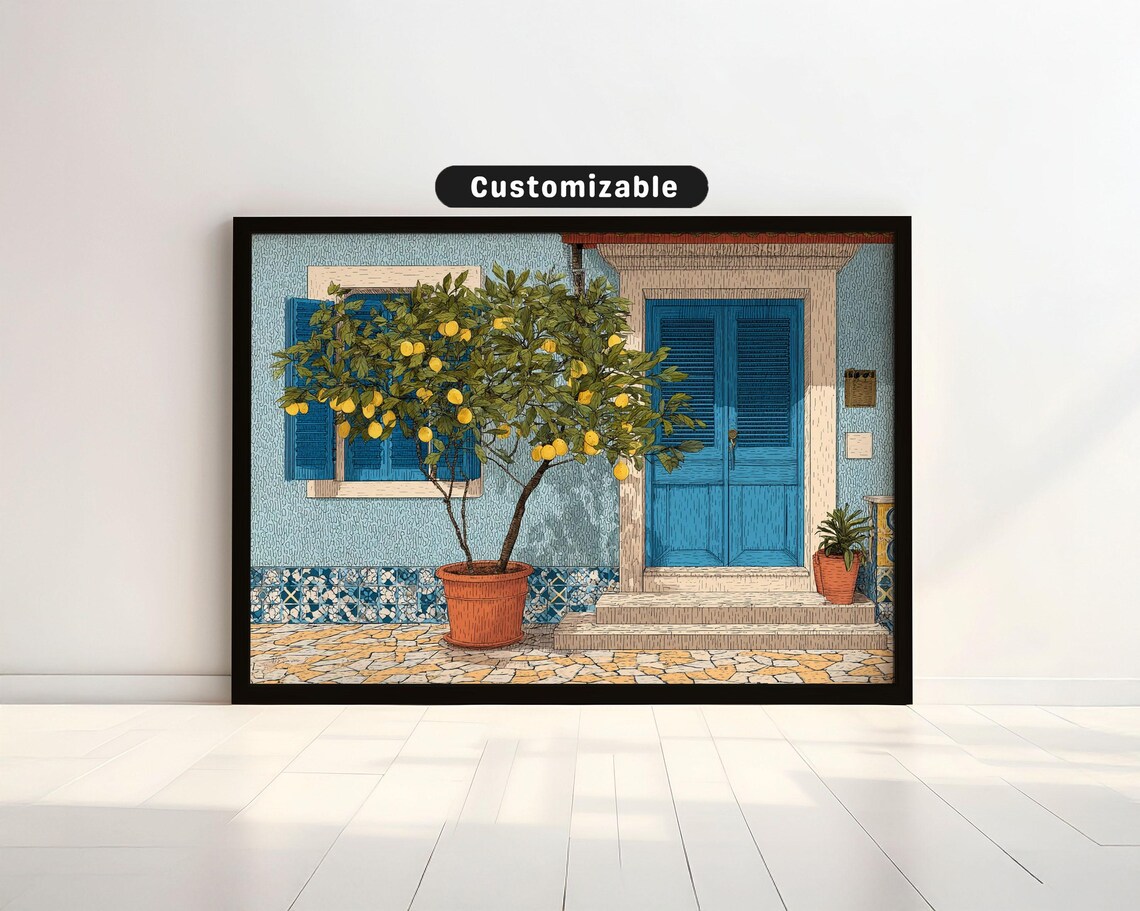 Potted Lemon Tree Tiled Terrace Blue Door Mediterranean Courtyard Art Poster