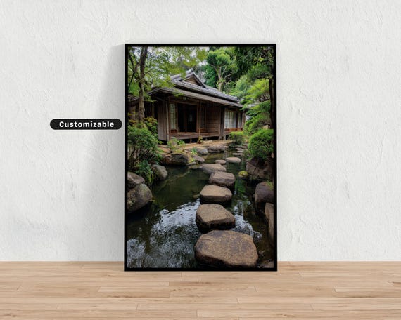 Traditional Japanese House With Garden And Stepping Stones Wall Art Print Zen Asian Decor