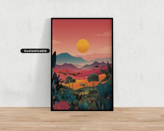 Layered Abstract Hills With Sunset And Tropical Foliage Mediterranean Colorful Wall Art Illustration Print Modern Boho Home D