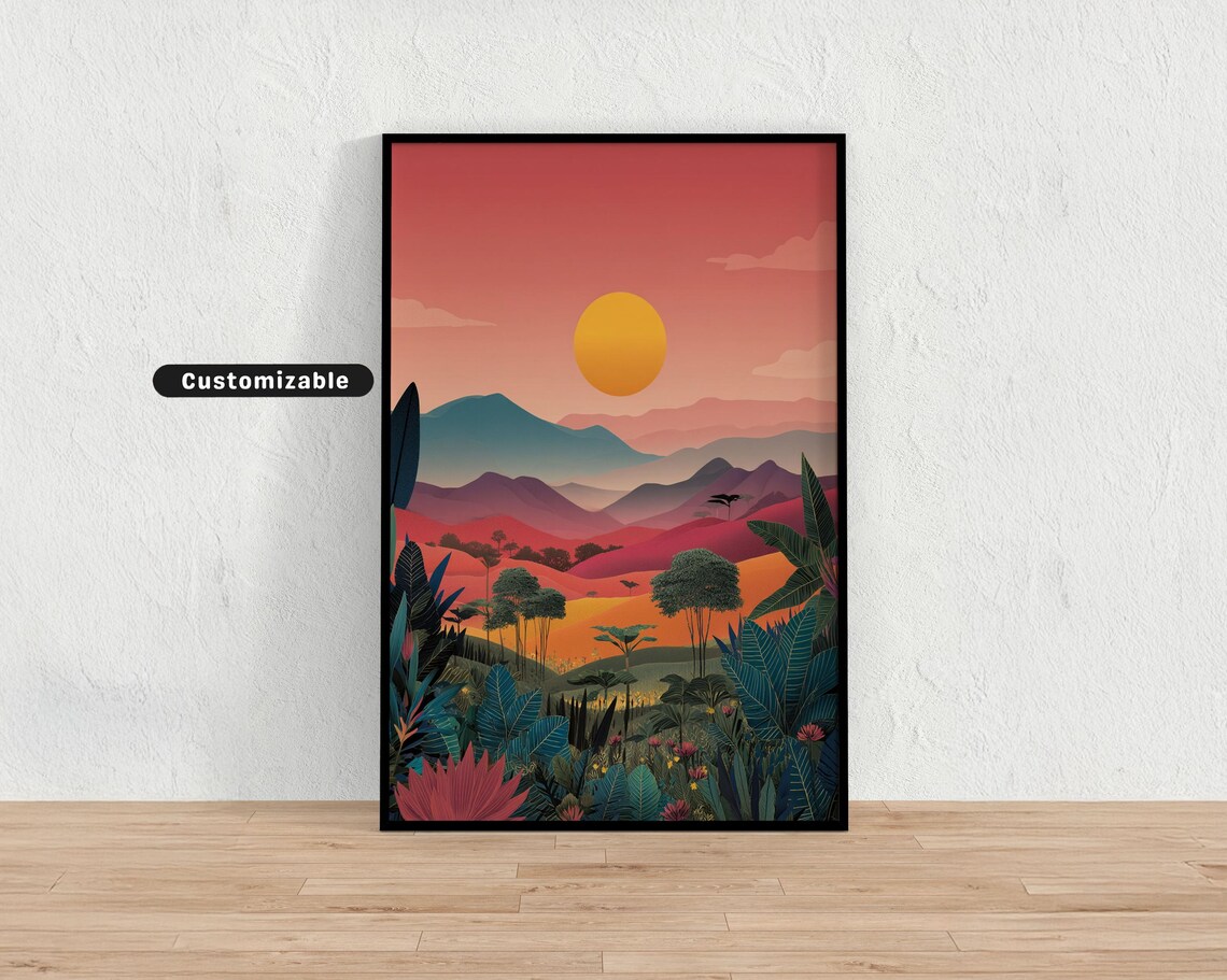 Layered Tropical Hills Sunset Big Sun Palm Foliage Colorful Poster